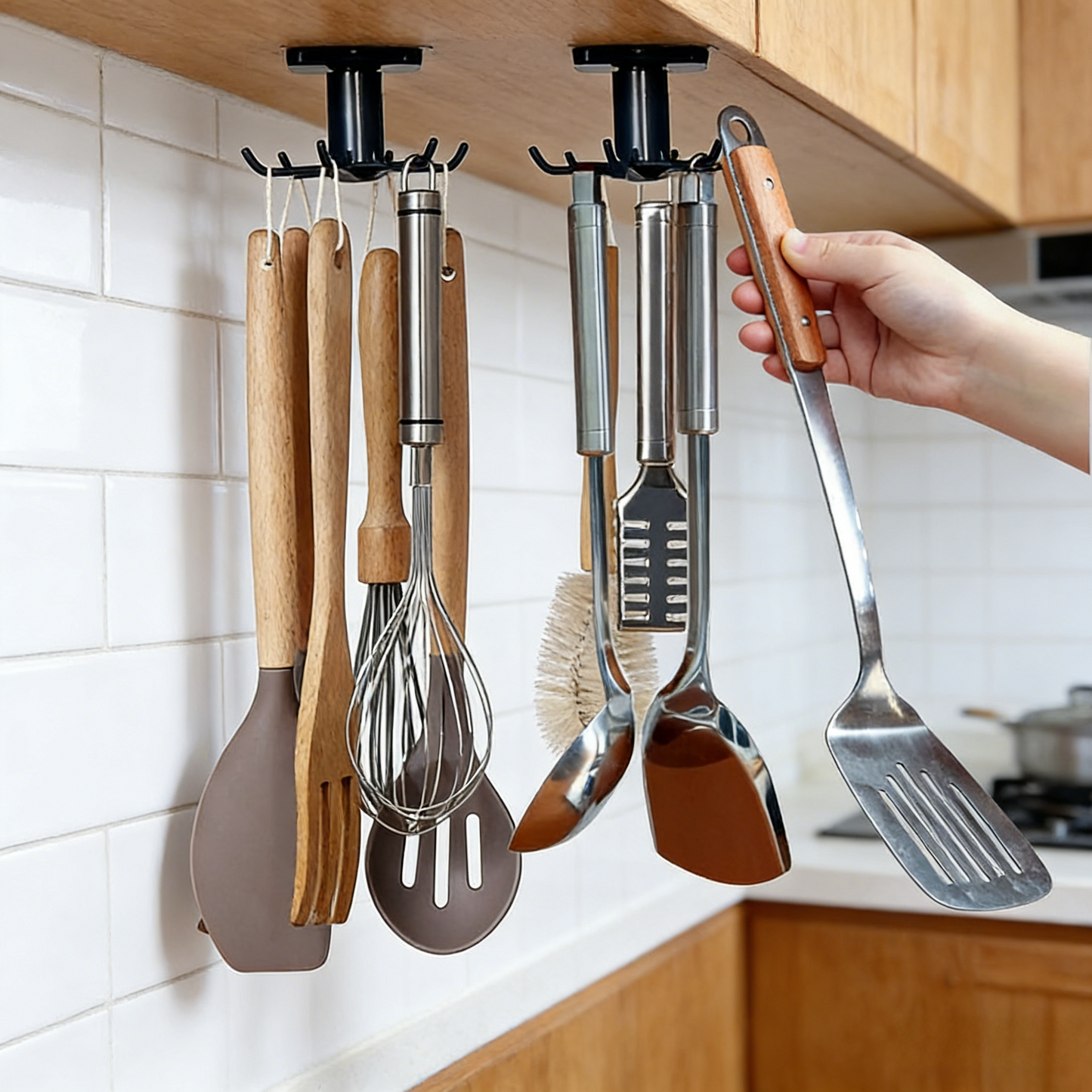 360° Rotating Under-Cabinet Hook Organizer for Kitchen & Bathroom