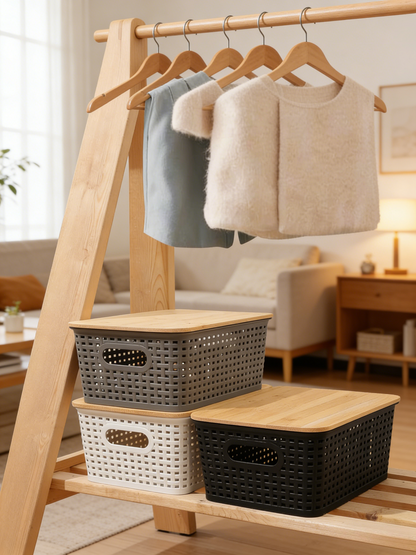 Storage Bins with Bamboo Lids Set of 6 Lidded Storage Container Plastic Baskets Organizer Bins for Organizing Kithen Room Bedroom Office Closet