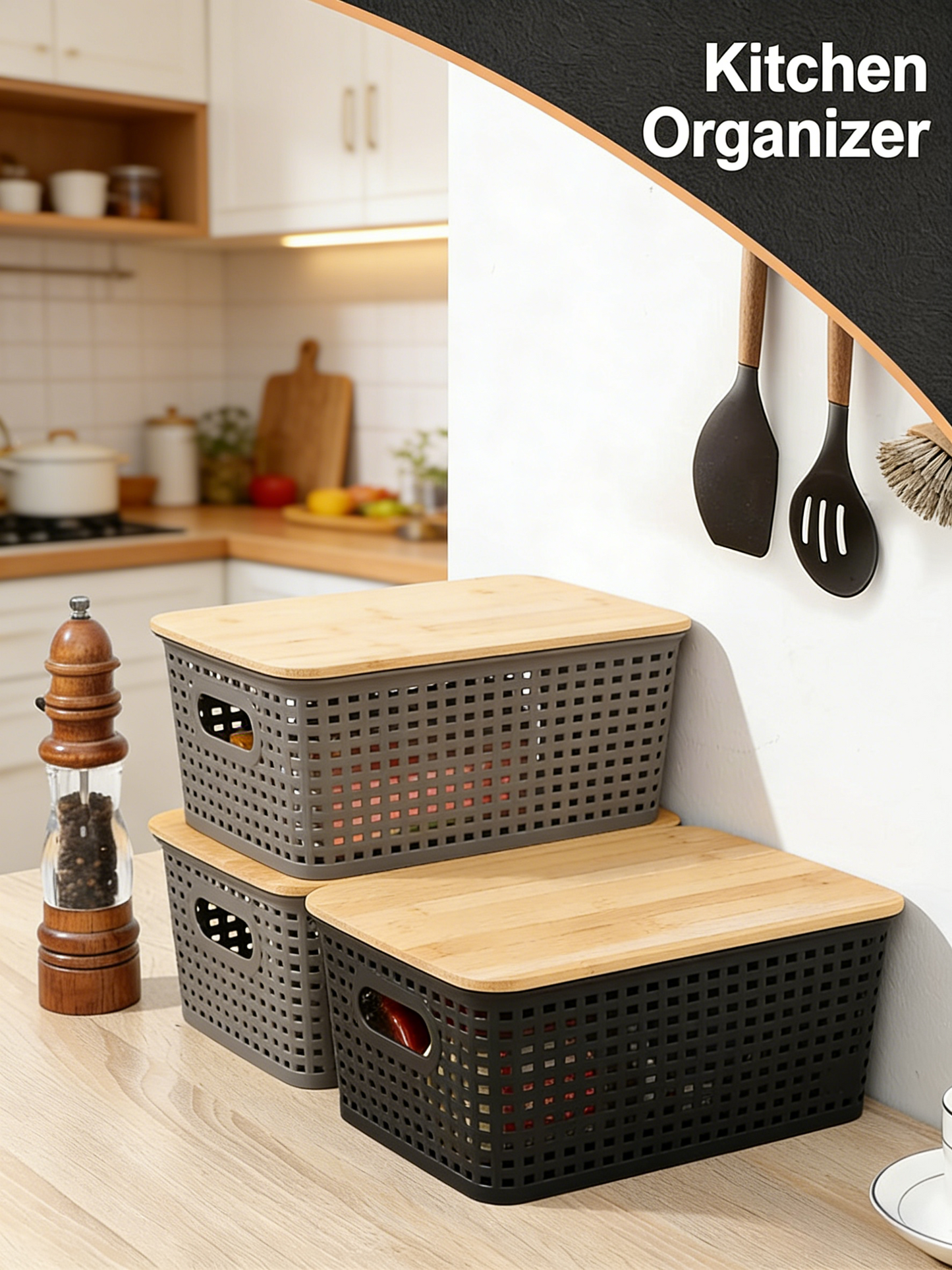 Storage Bins with Bamboo Lids Set of 6 Lidded Storage Container Plastic Baskets Organizer Bins for Organizing Kithen Room Bedroom Office Closet