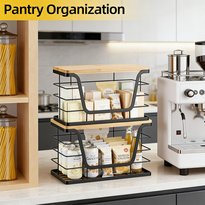 2-Size Multi-Purpose Kitchen Storage Basket with Bamboo Top