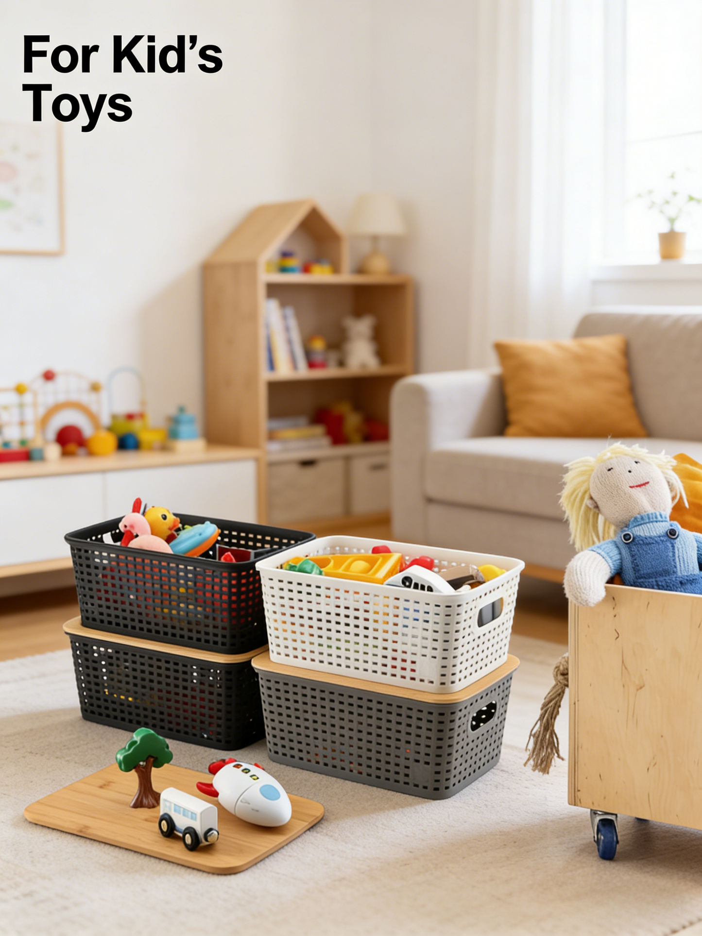 Storage Bins with Bamboo Lids Set of 6 Lidded Storage Container Plastic Baskets Organizer Bins for Organizing Kithen Room Bedroom Office Closet