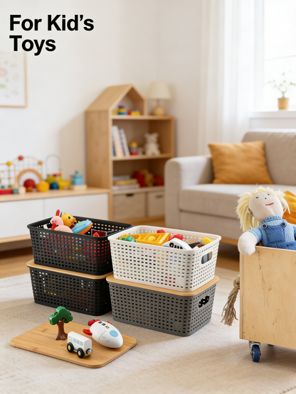 Storage Bins with Bamboo Lids Set of 6 Lidded Storage Container Plastic Baskets Organizer Bins for Organizing Kithen Room Bedroom Office Closet