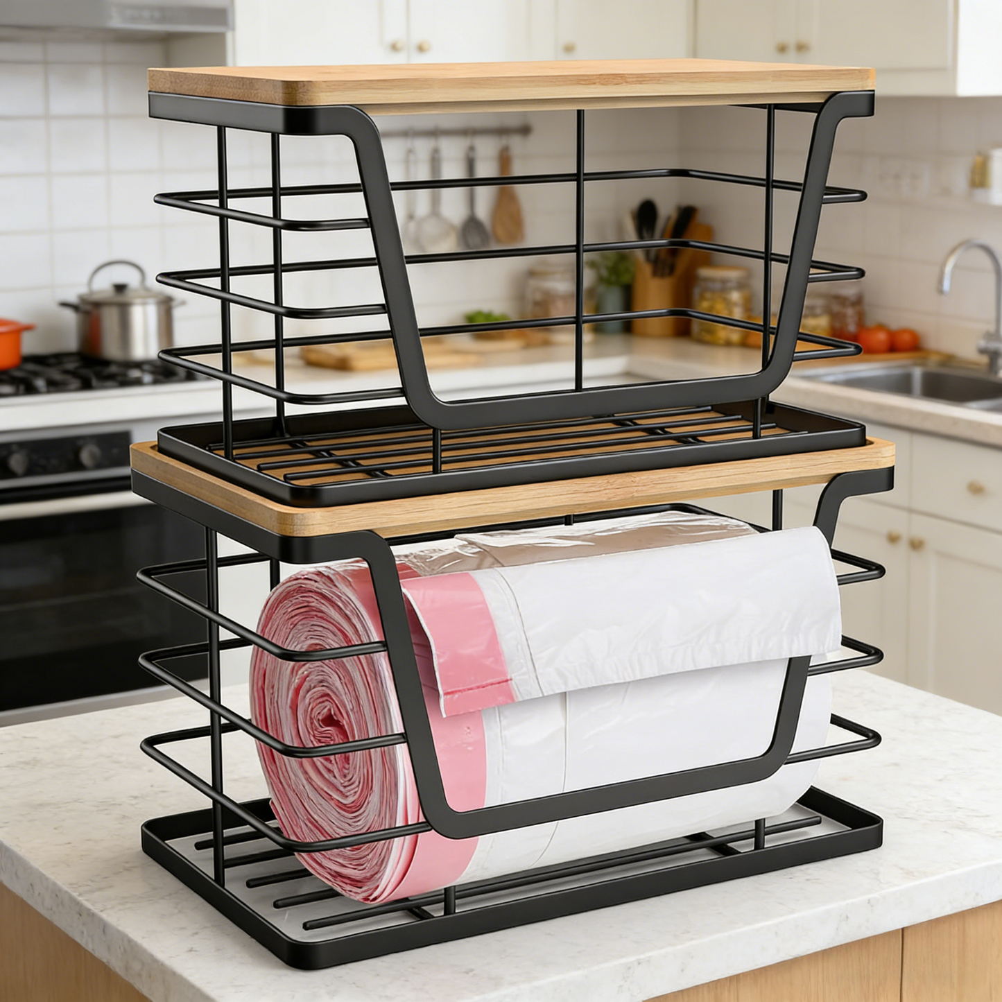 2-Size Multi-Purpose Kitchen Storage Basket with Bamboo Top