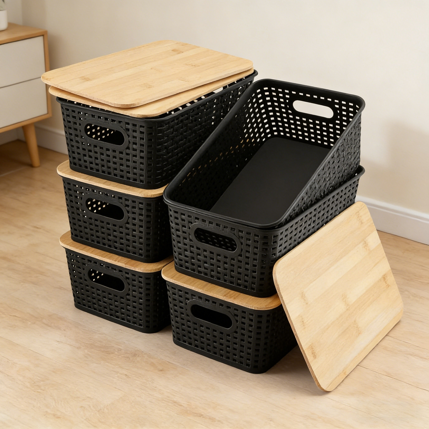 Storage Bins with Bamboo Lids Set of 6 Lidded Storage Container Plastic Baskets Organizer Bins for Organizing Kithen Room Bedroom Office Closet